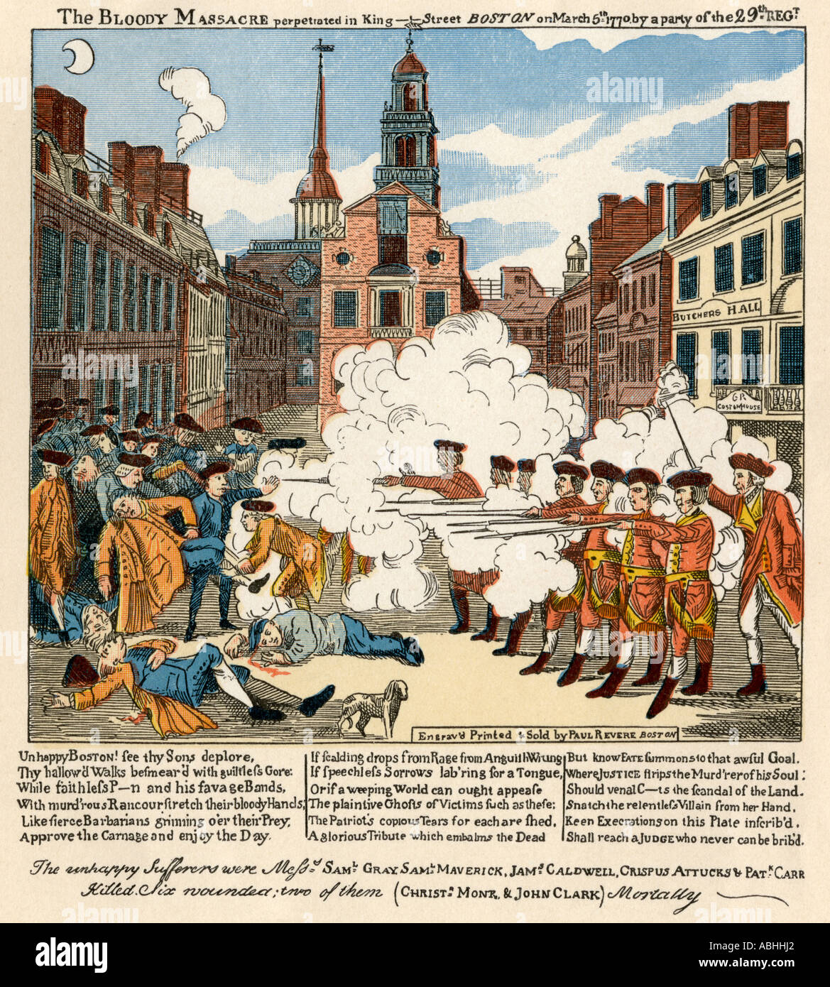 Paul Revere engraving of the Boston Massacre 1770 an event leading to the Revolutionary War. Color engraving Stock Photo