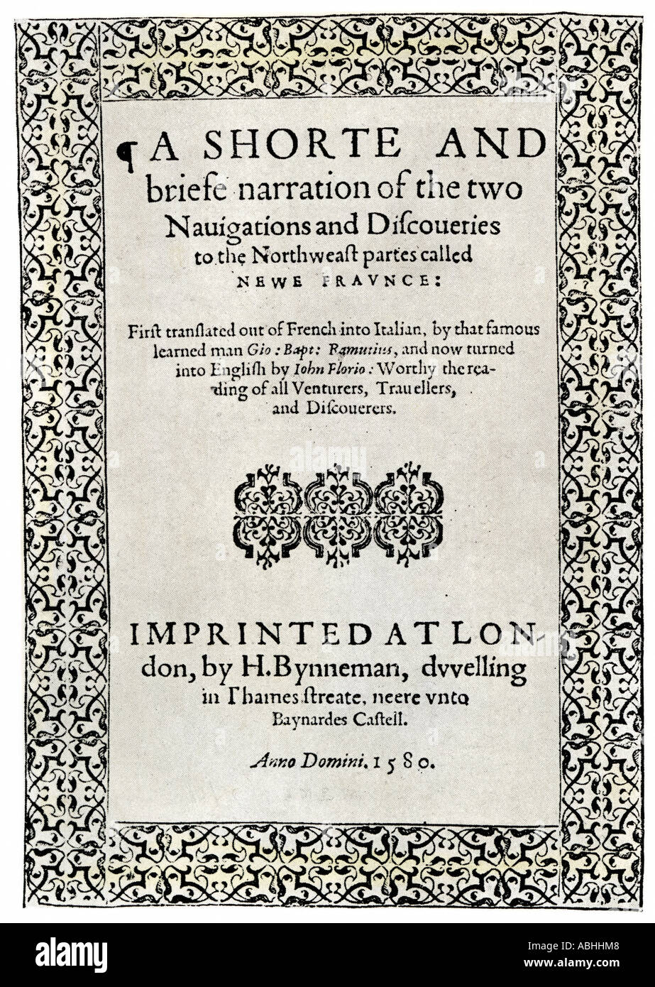 Title page of the London edition of Jacques Cartier book about his discoveries in Canada printed in 1580. Halftone with a watercolor wash Stock Photo