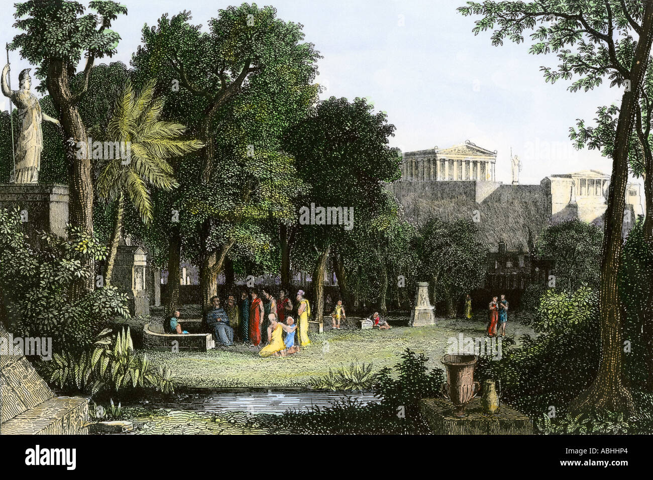 Open air discussion in ancient Athens. Hand-colored engraving Stock Photo