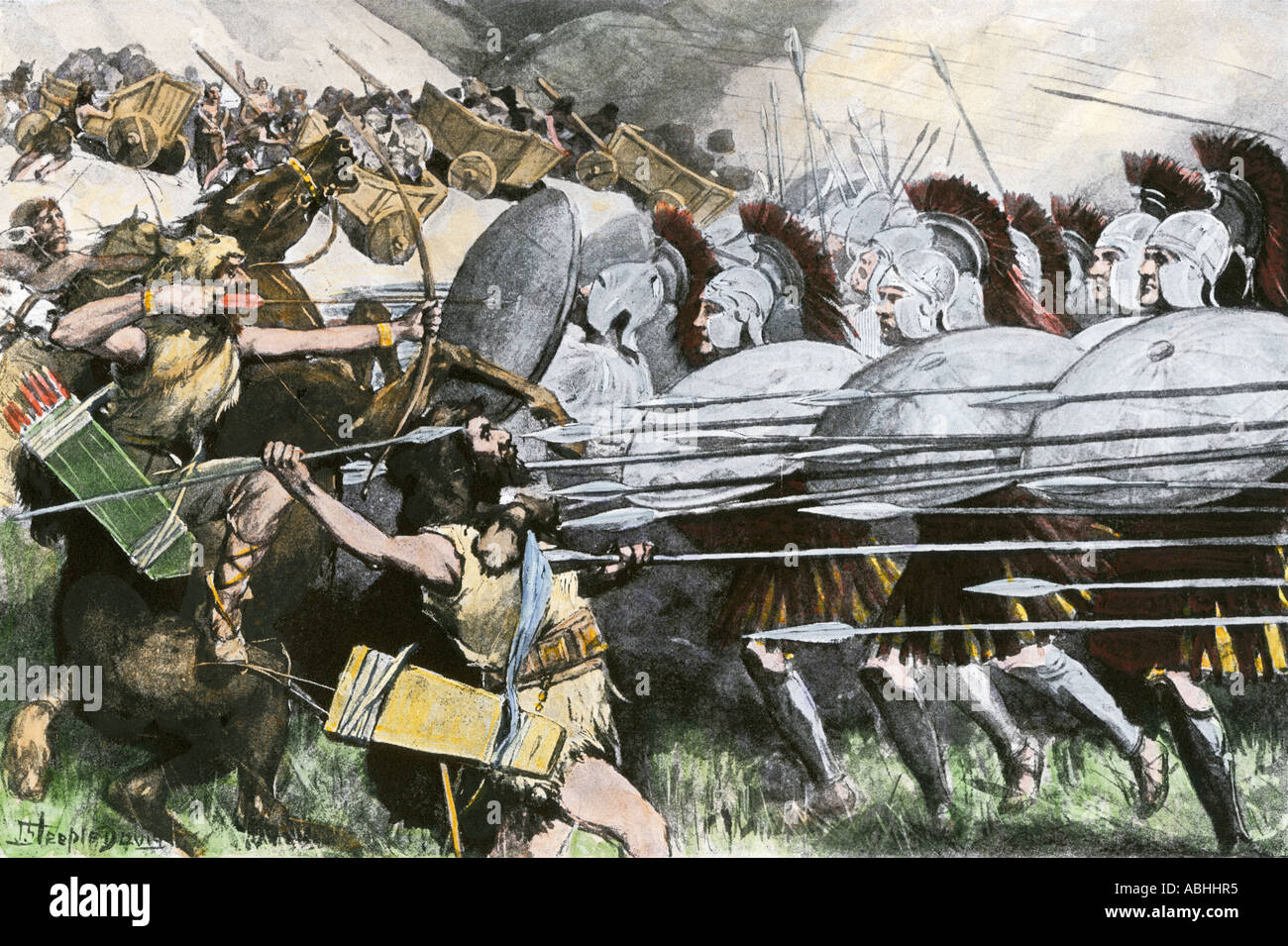 Macedonian army using their shields in a phalanx formation in the Battle of the Carts to put down Thrace's revolt. Hand-colored halftone illustration Stock Photo