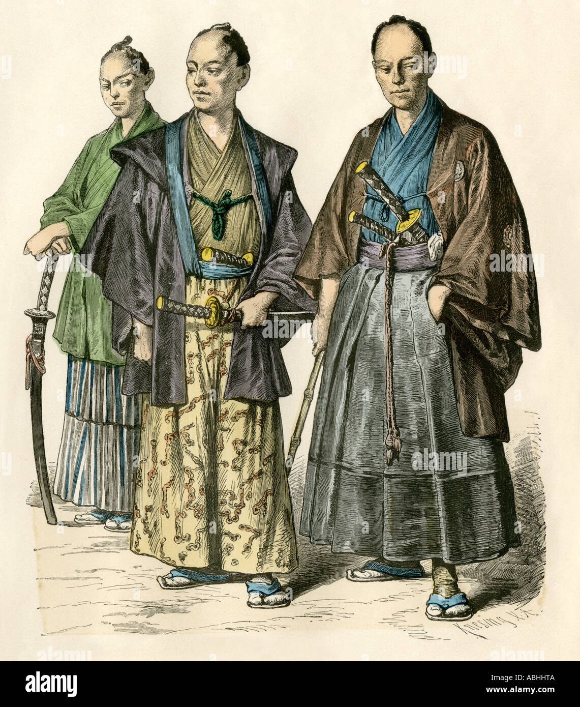 Traditional Japanese swordsmen. Hand-colored print Stock Photo
