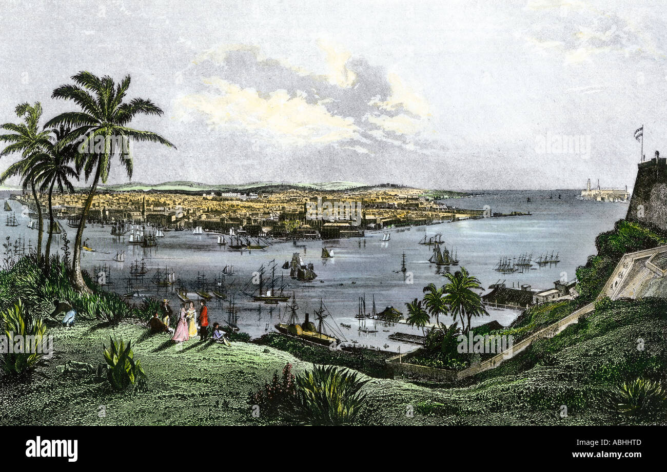 Harbor of Havana Cuba in the 1800s. Handcolored steel engraving Stock
