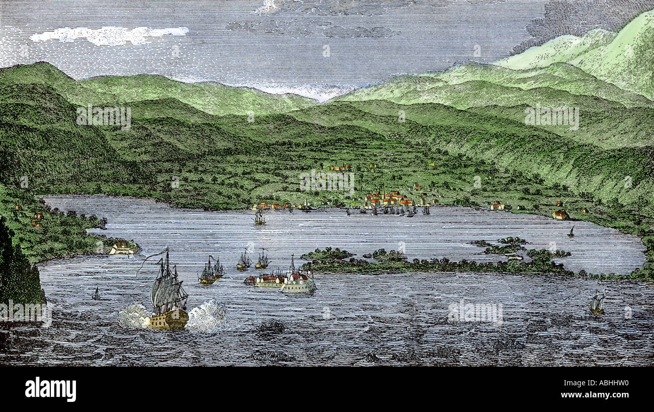 Sailing ship firing on a fort in Jamaica during colonial times. Hand-colored woodcut Stock Photo