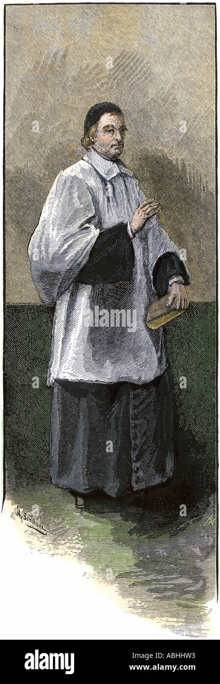 Catholic clergyman of the Order of St. Sulpice in French Canada circa 1700. Hand-colored woodcut Stock Photo