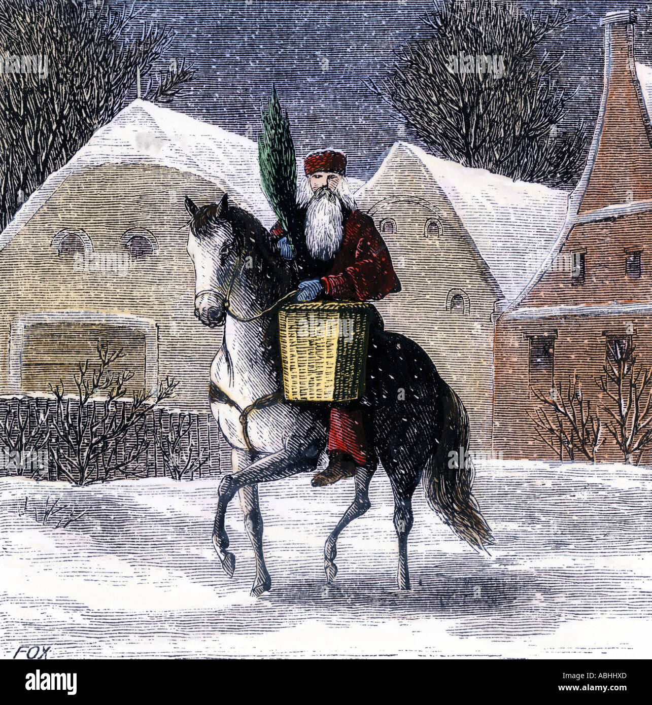 Saint Nicholas riding a white horse into a European village with a basket and an evergreen bough. Hand-colored woodcut Stock Photo