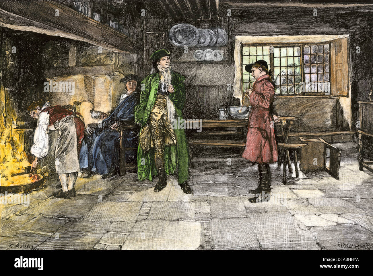 Wayfarers in an inn 1700s. Hand-colored woodcut Stock Photo
