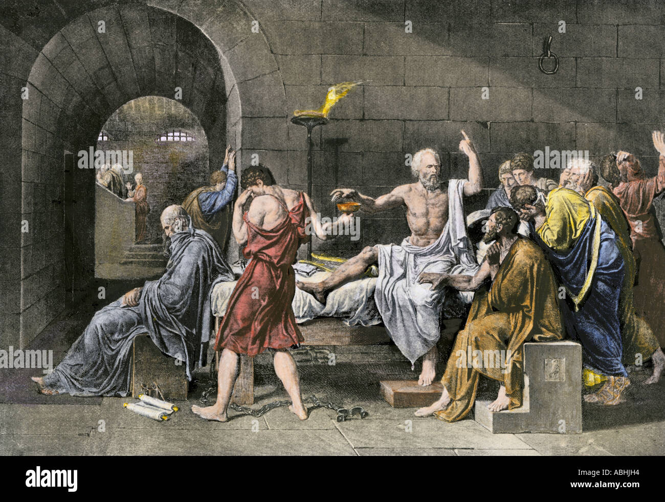 Suicide of Socrates by drinking poisonous hemlock. Hand-colored engraving of artwork by Jacques Louis David Stock Photo