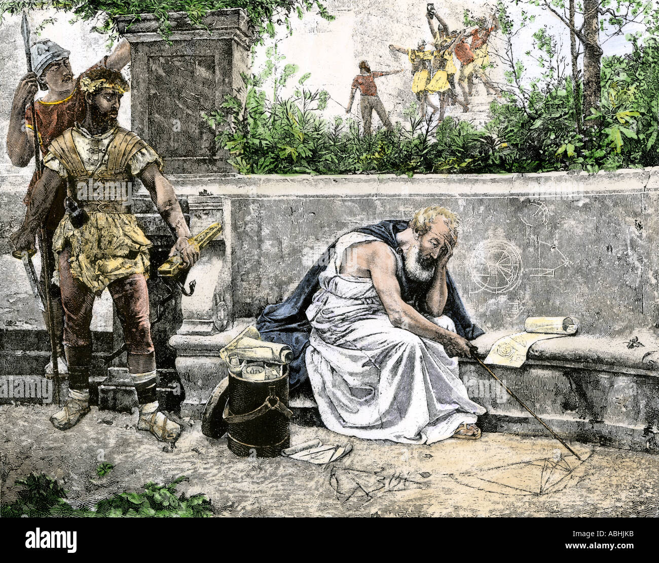 Death of Archimedes ancient Greek mathematician and inventor. Hand-colored woodcut Stock Photo
