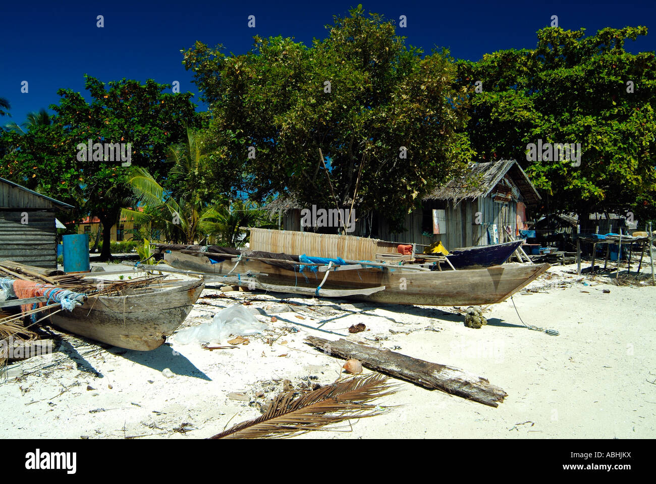 Wooden boats, Small island in Raja Ampat Archipelago, Indonesia Stock Photo