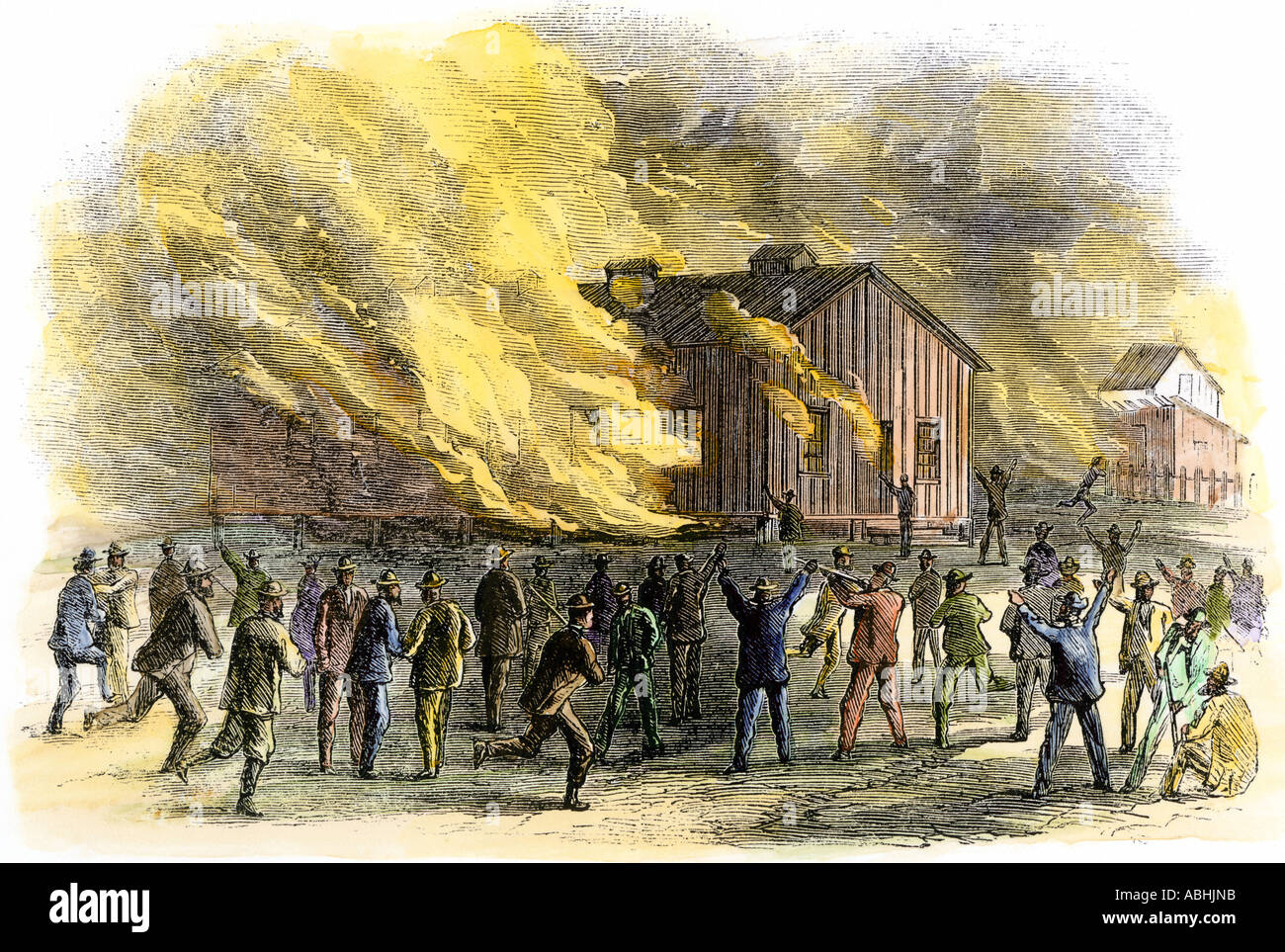 Proslavery rioters burning a Freedmens Bureau school for black children in Memphis Tennessee 1866. Hand-colored woodcut Stock Photo