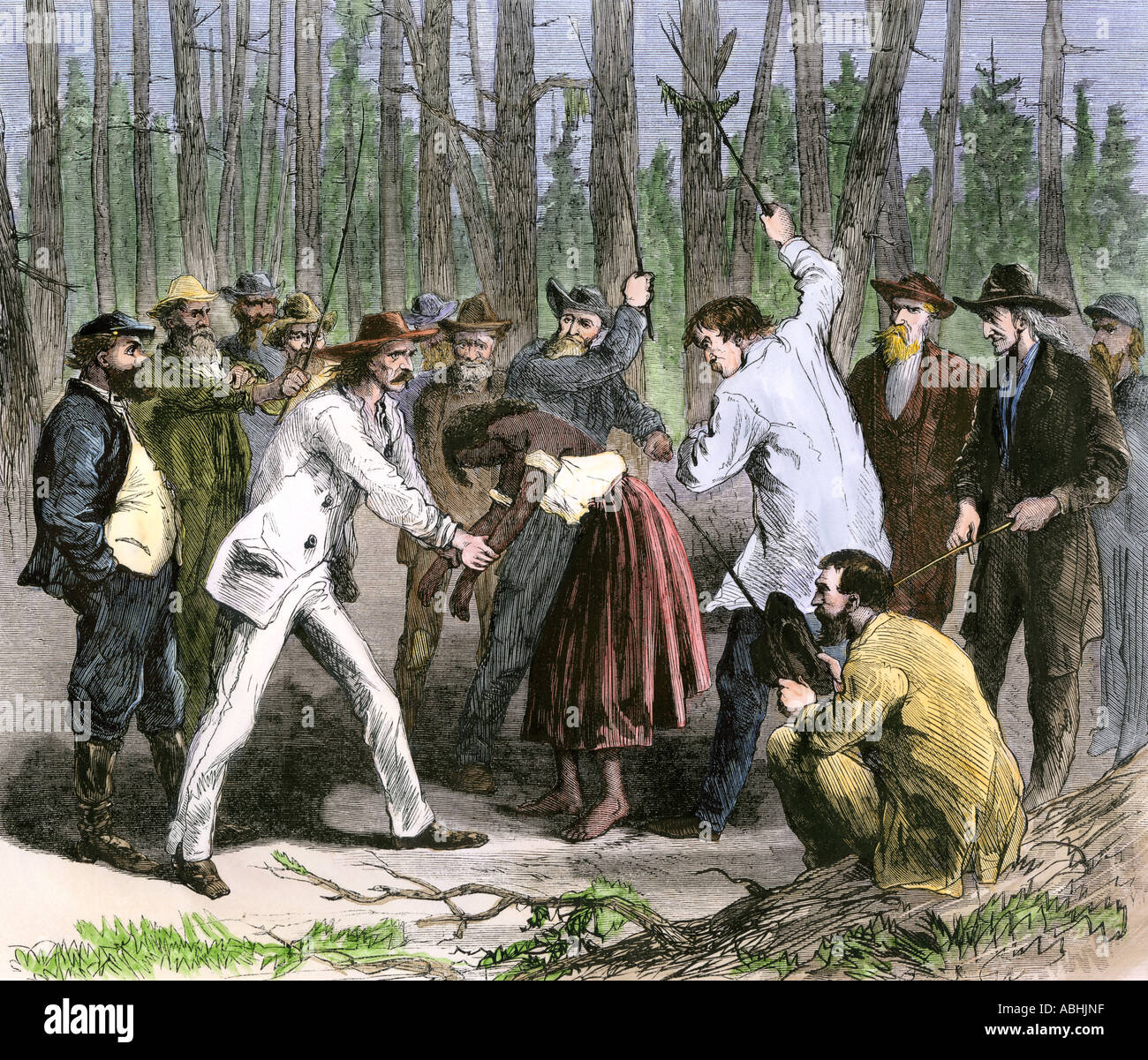 Anti-Reconstruction southerners whipping a black girl in South Carolina 1867. Hand-colored woodcut Stock Photo