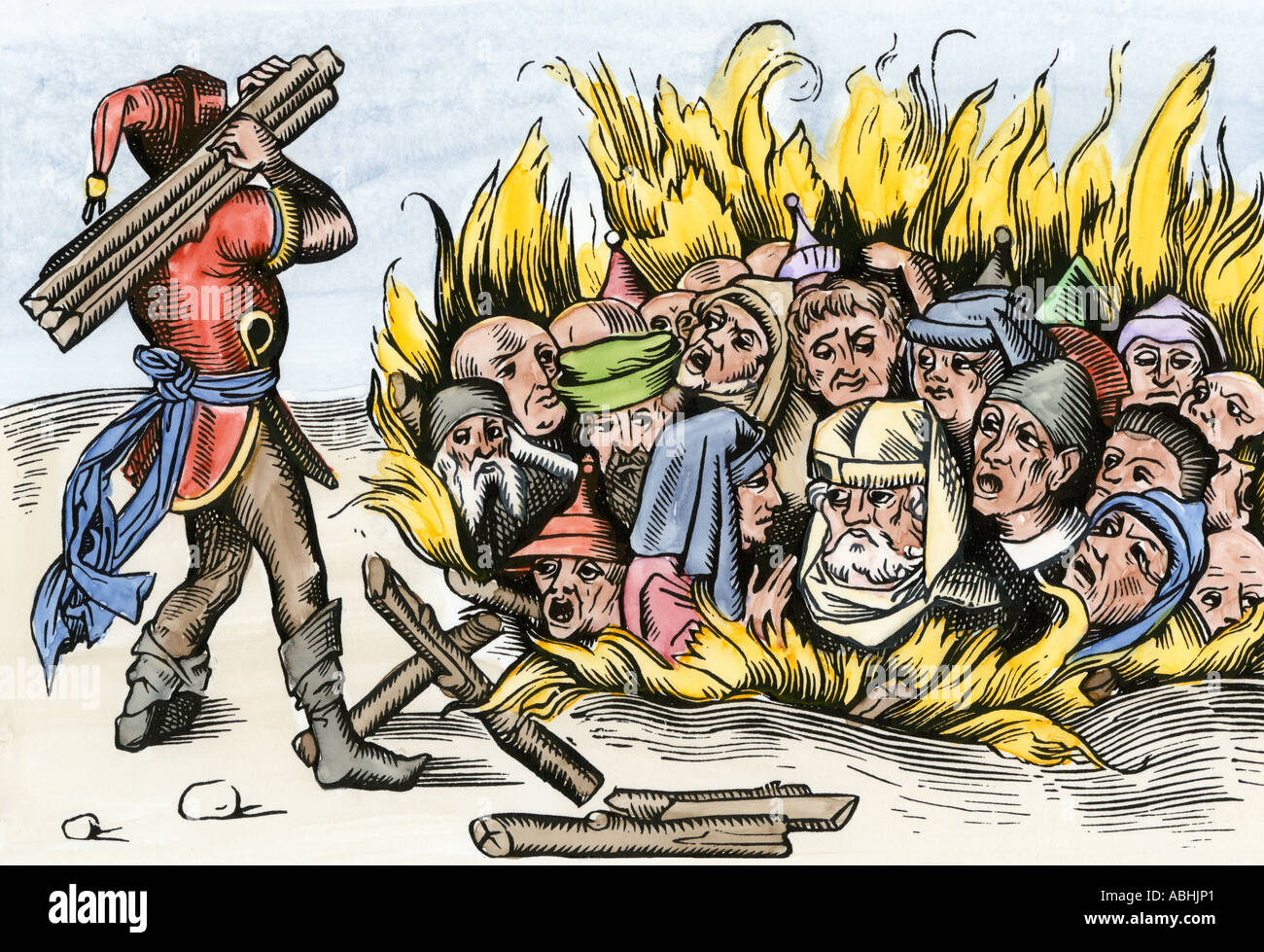 Jews of Cologne Germany burned alive in the late Middle Ages. Hand-colored woodcut Stock Photo