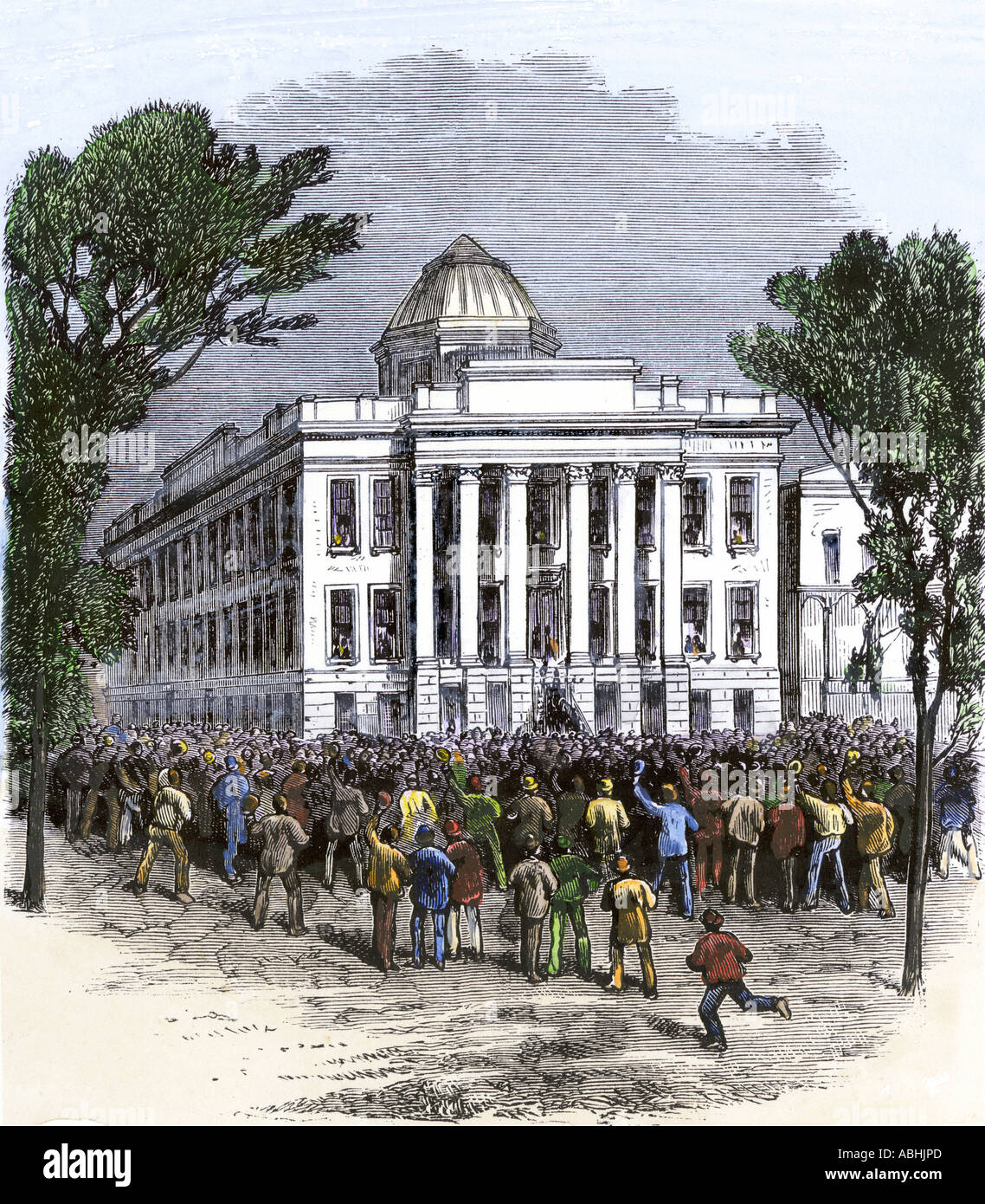 Surrender of the Louisiana State House to the White League mob 1874. Hand-colored woodcut Stock Photo
