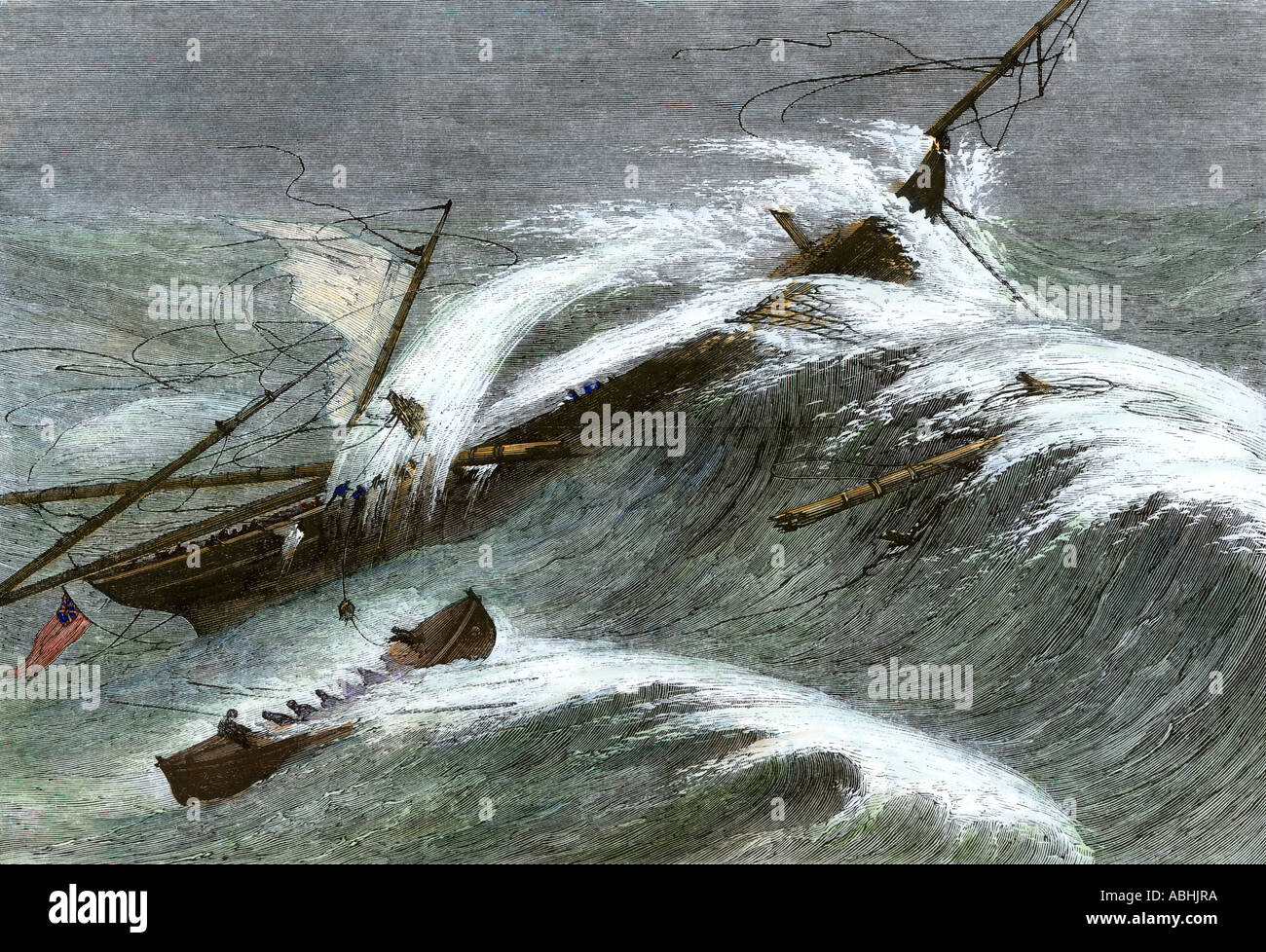 Lifeboat rescuing passengers from the ship Alarm of Belfast 1860s. Hand-colored woodcut Stock Photo