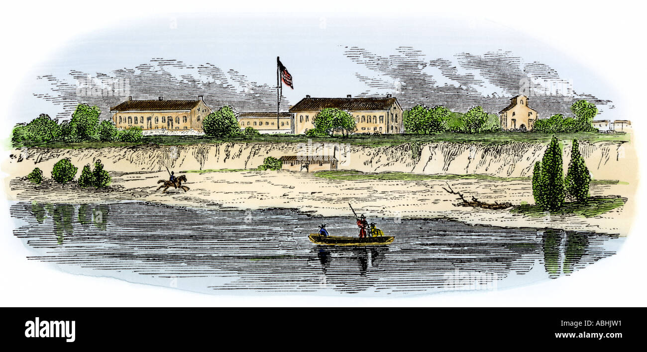 Fort Smith Arkansas in the 1850s. Hand-colored woodcut Stock Photo