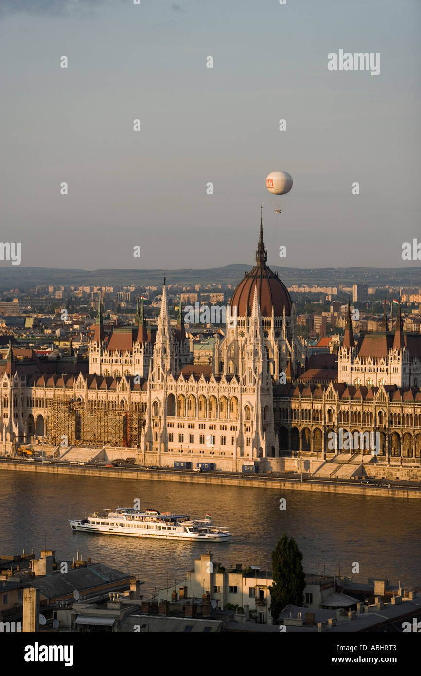 View to the Parliament and Budapest Eye balloon over the Danube river Pest Budapest Hungary Stock Photo
