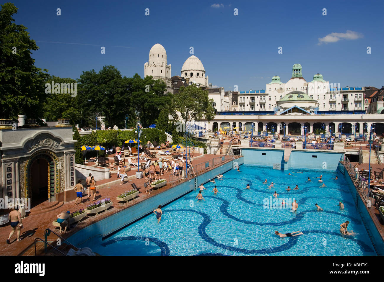 People in the open air area of the Gellert Baths Buda Budapest Hungary