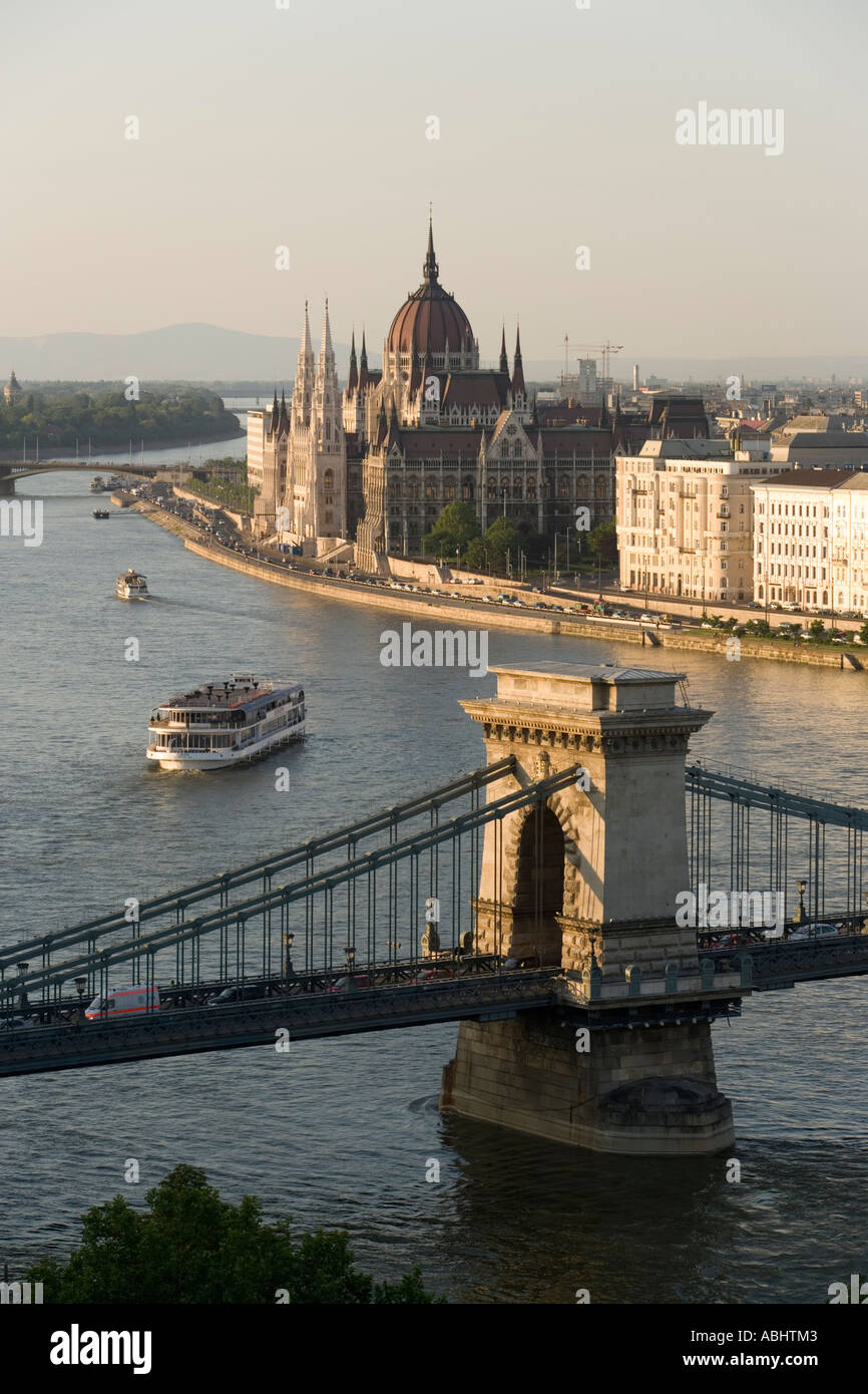 The Parliament Szechenyi Chain Bridge Leisure Boats on River Danube Pest Budapest Stock Photo
