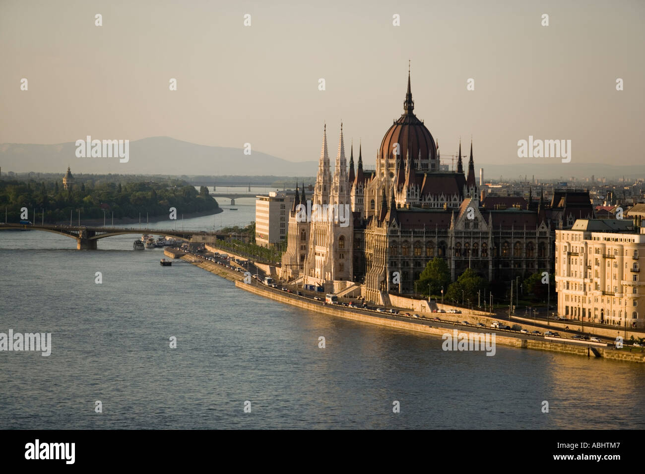 View over the Danube river with Margaret Bridge to the Parliament Pest Budapest Hungary Stock Photo