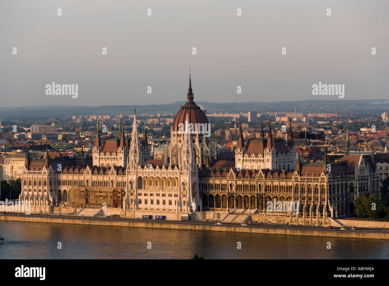View over the Danube river to the Parliament Pest Budapest Hungary Stock Photo