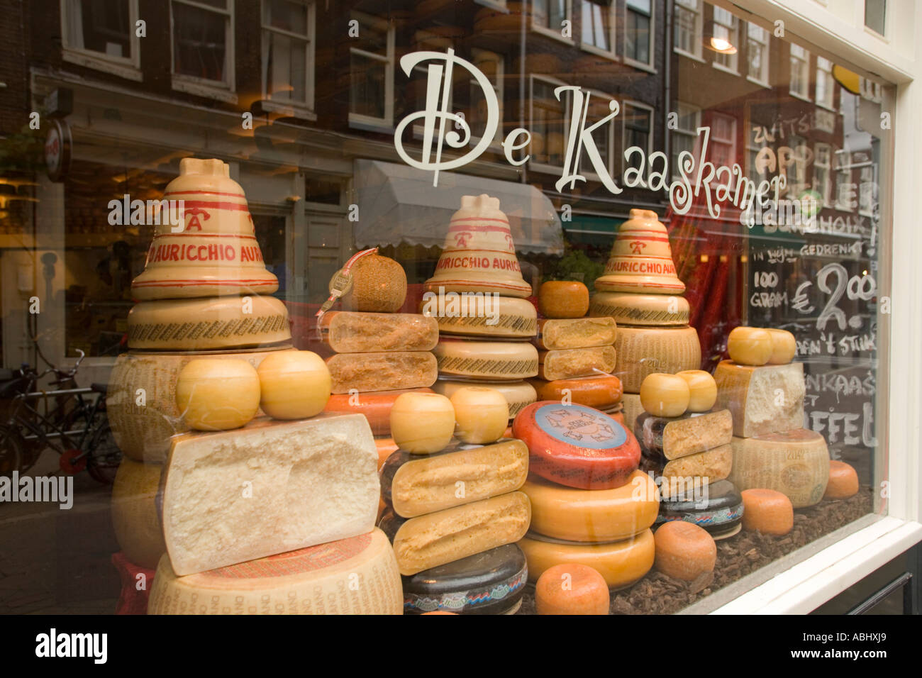 Several Cheeses lying at outlay from Cheese shop Leidsestraat Amsterdam Holland Netherlands Stock Photo