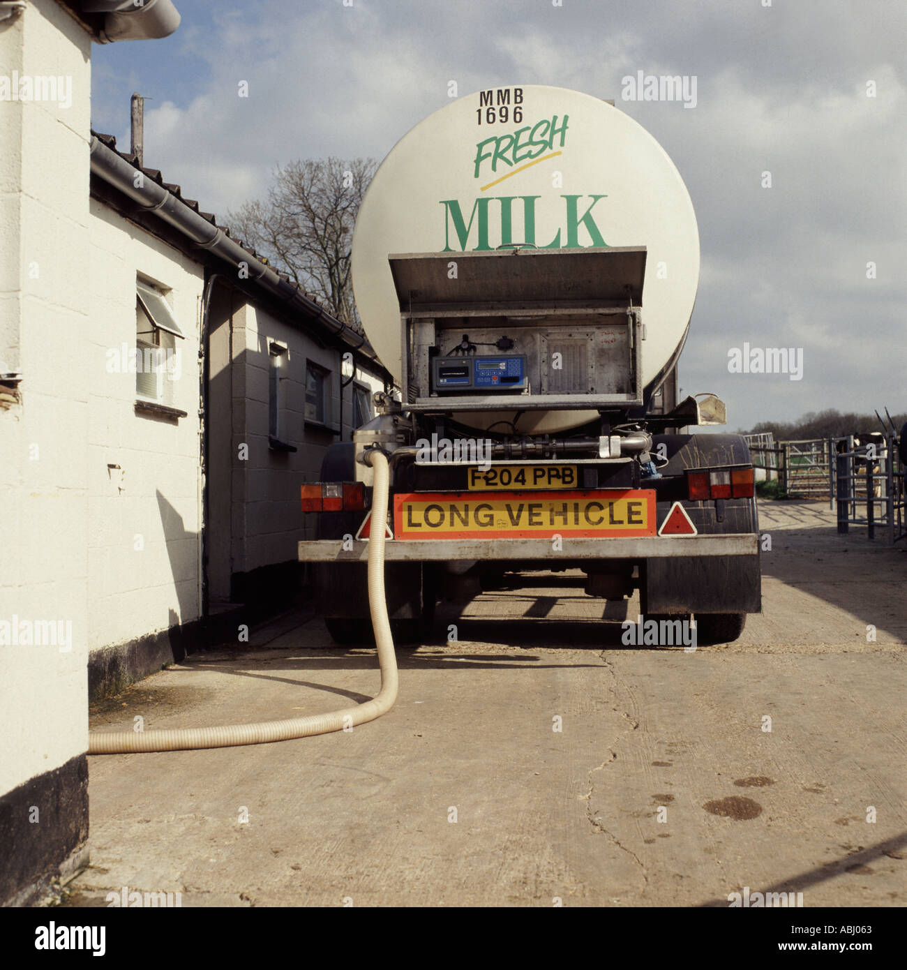 Milk tanker collecting milk from dairy parlour in Hampshire Stock Photo