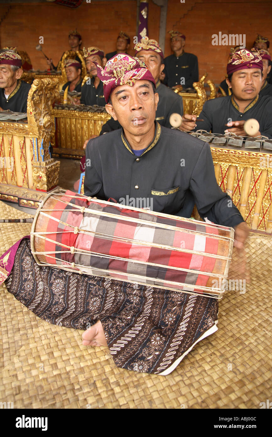 Barong musician playing drum, Batubulan, Bali, Indonesia Stock Photo