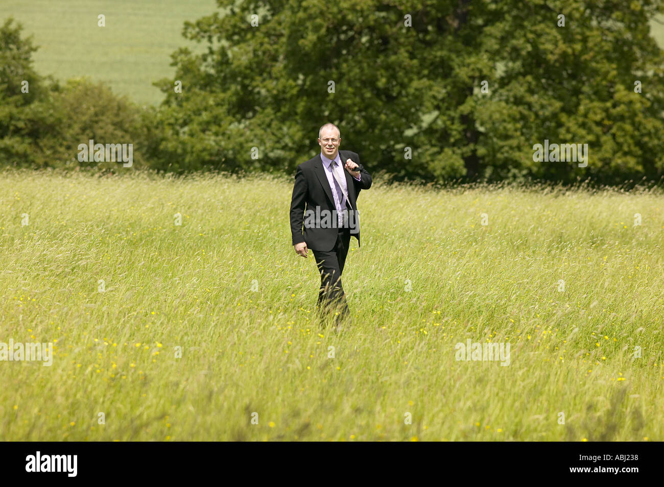 white business man walking in an english meadow Stock Photo
