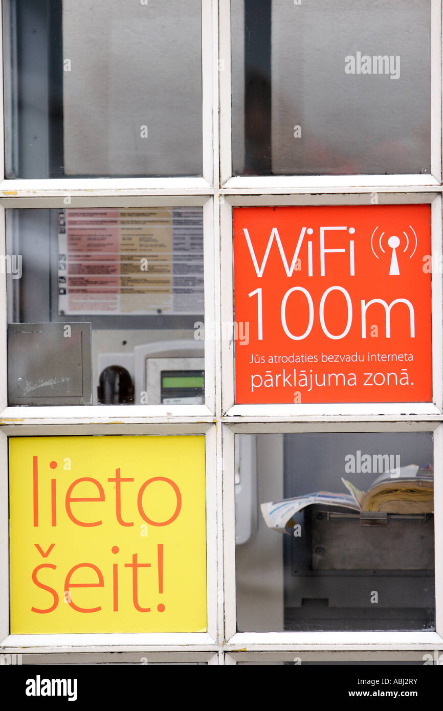 Public phone box WiFi 100m Wireless Lan hotspot Riga Latvia. Stock Photo