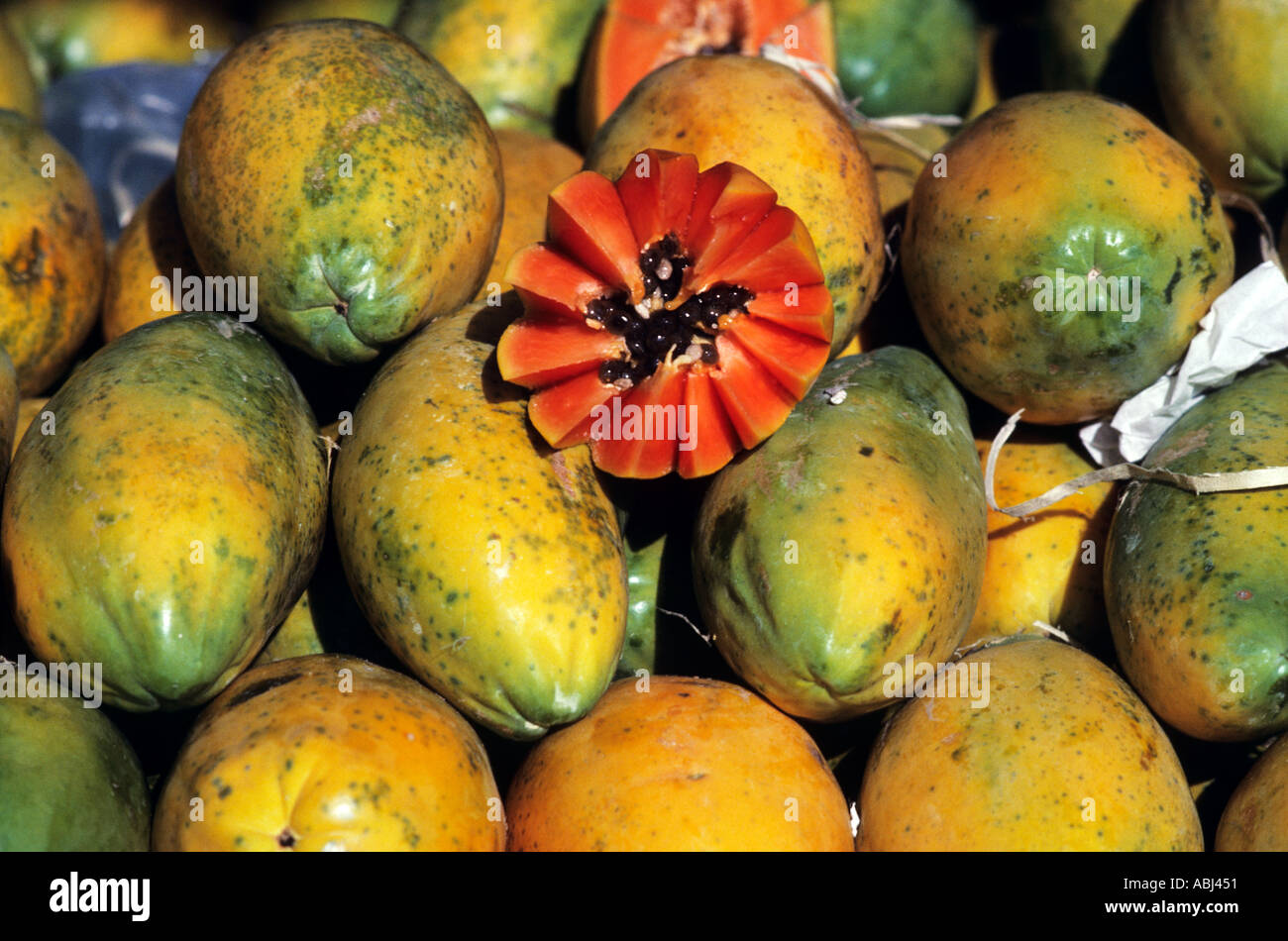 Brazil. Papaya 'Mamao' (Carica papaya) cut open to show seeds and
