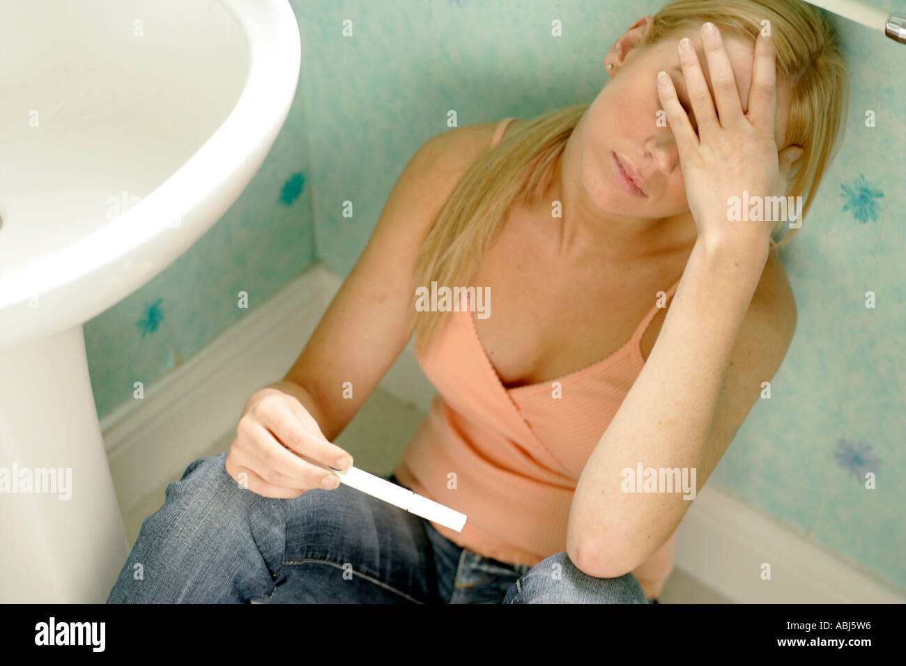 woman with results of pregnancy test Stock Photo