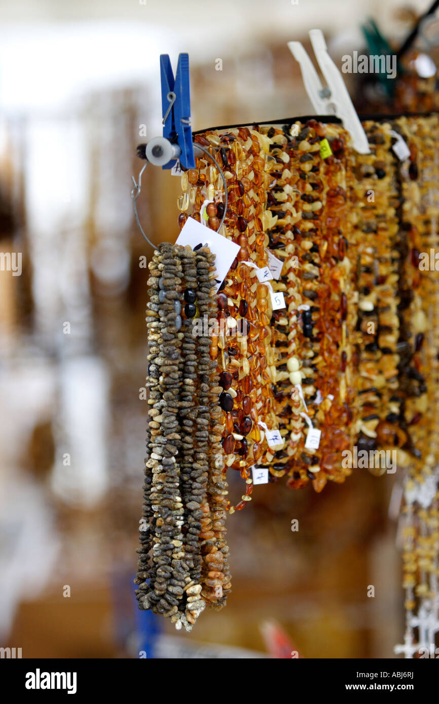 Amber neklaces are seen in a street shop in Riga, Latvia Stock Photo