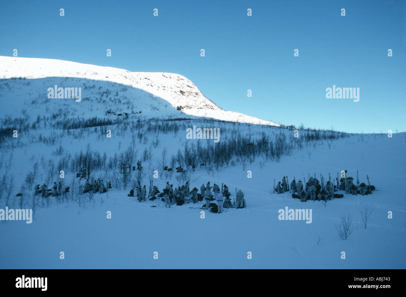 Winter scene with white snow blue sky and shadows Stock Photo