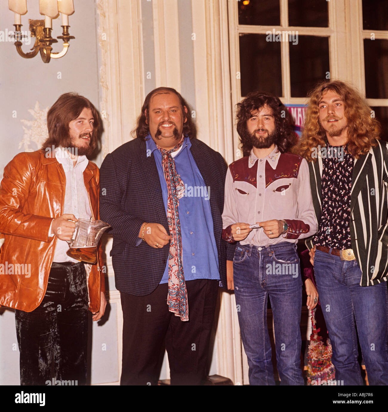 Led Zeppelin, picture shows l -r John Bonner drummer, Peter Grant  manager, Jimmy Page lead guitarist, and Robert Plant vocalist Stock Photo