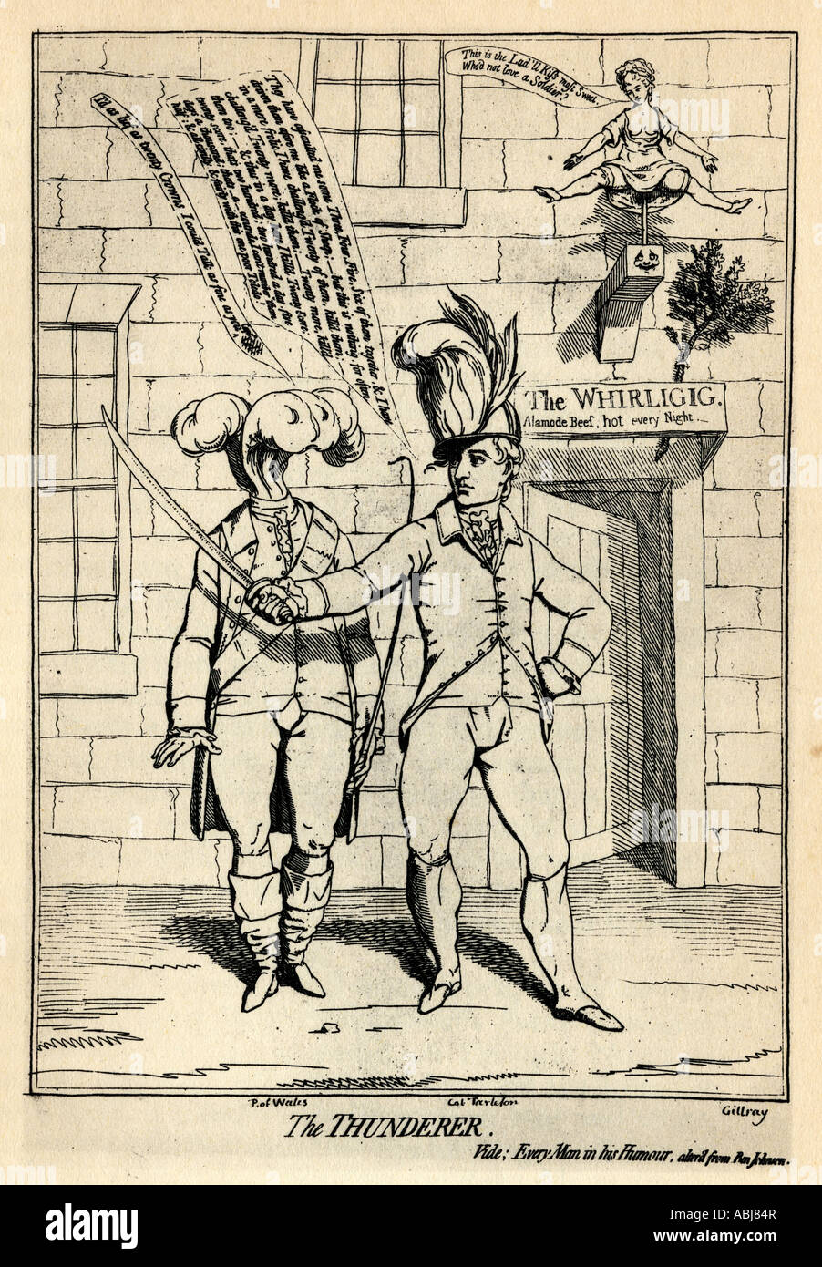 The Thunderer. Contemporary cartoon concerning the Prince of Wales, Colonel Tarleton and their mutual lover, Mary Perdita Robinson. Stock Photo