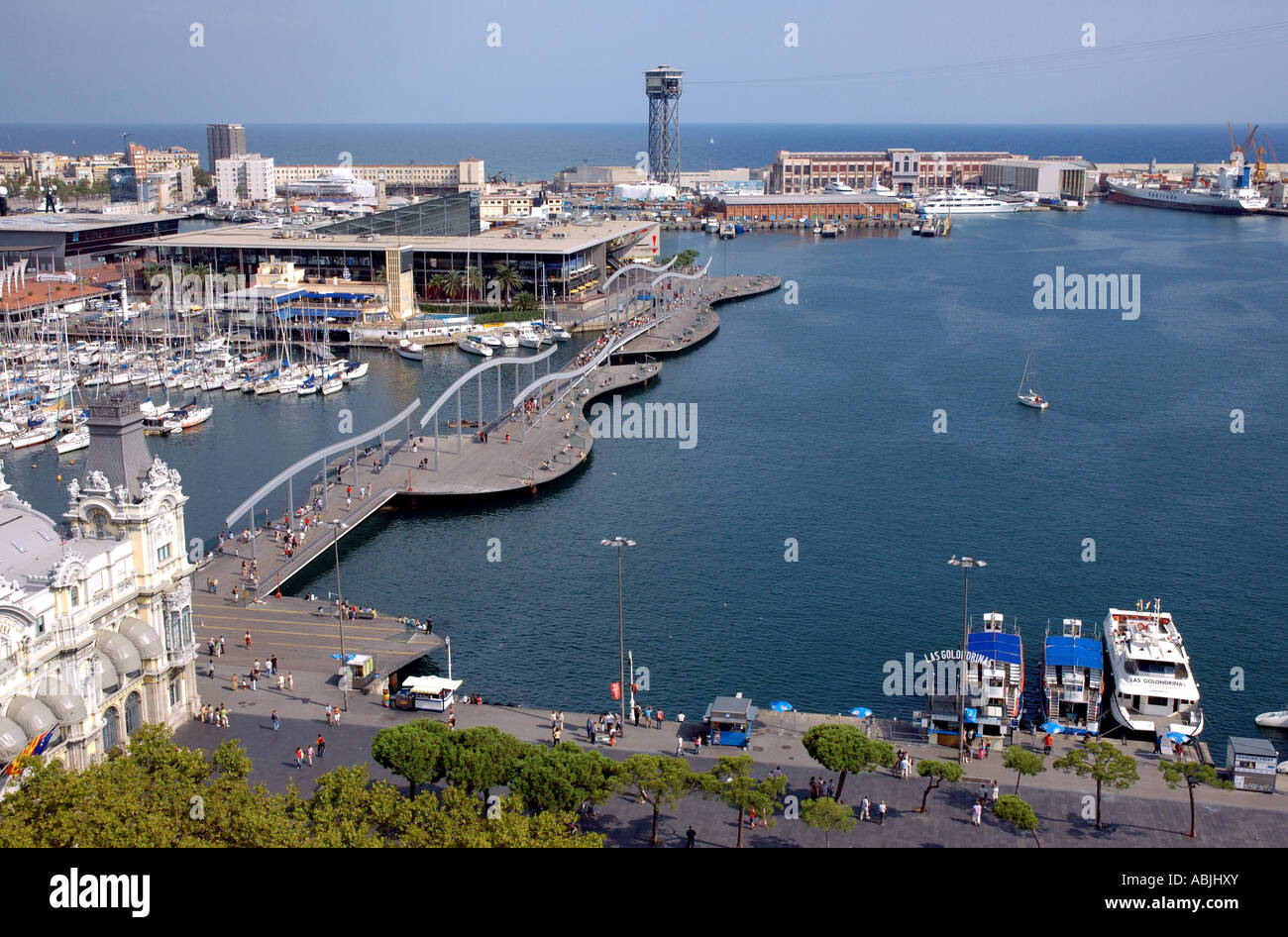 Panoramic view of Port Vell Barcelona Barça Barca Catalonia Catalunya Cataluña Costa Brava España Spain Europe Stock Photo