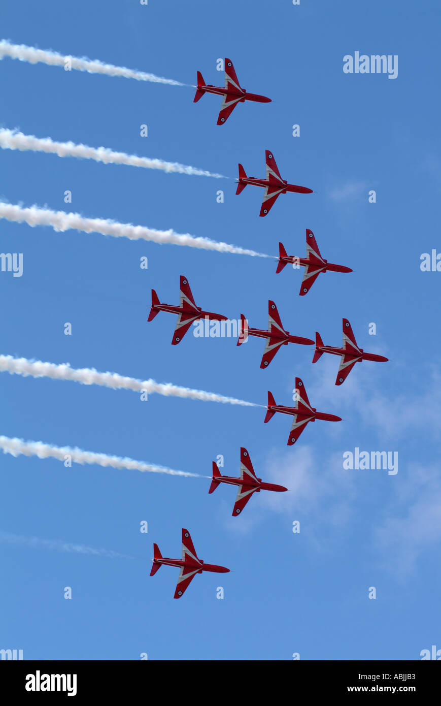 The Red Arrows in in their Big Arrow Formation Stock Photo