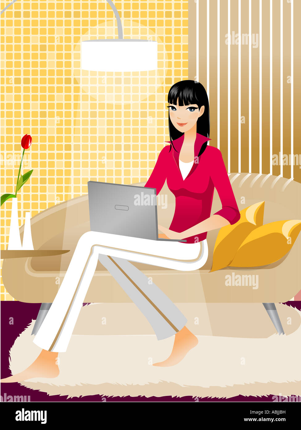 Portrait of a woman sitting on a couch and using a laptop Stock Photo ...