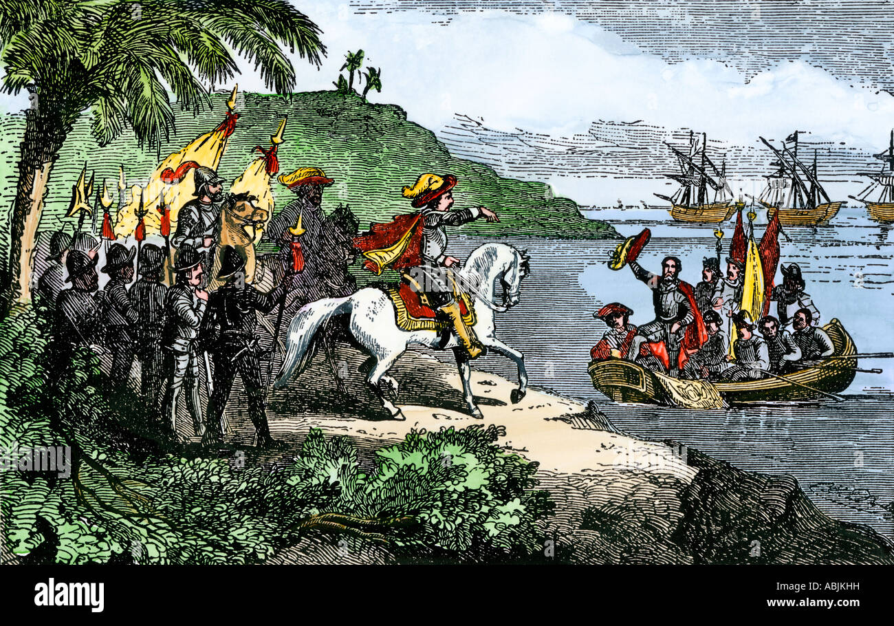 Hernando de Soto landing his expedition in Florida 1539. Hand-colored woodcut Stock Photo