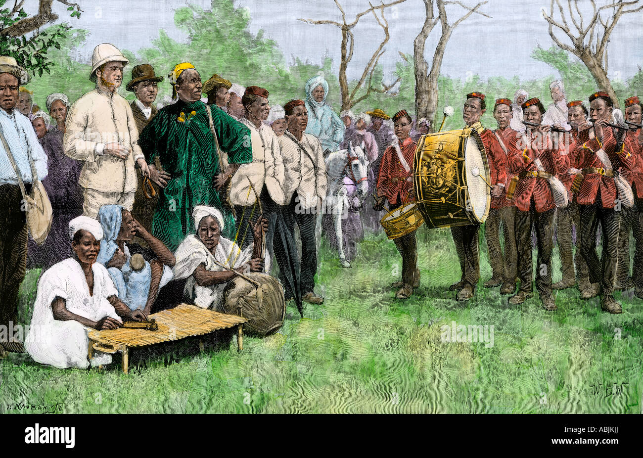 British colonial administrator of Gambia meeting with a native chief 1889. Hand-colored woodcut Stock Photo