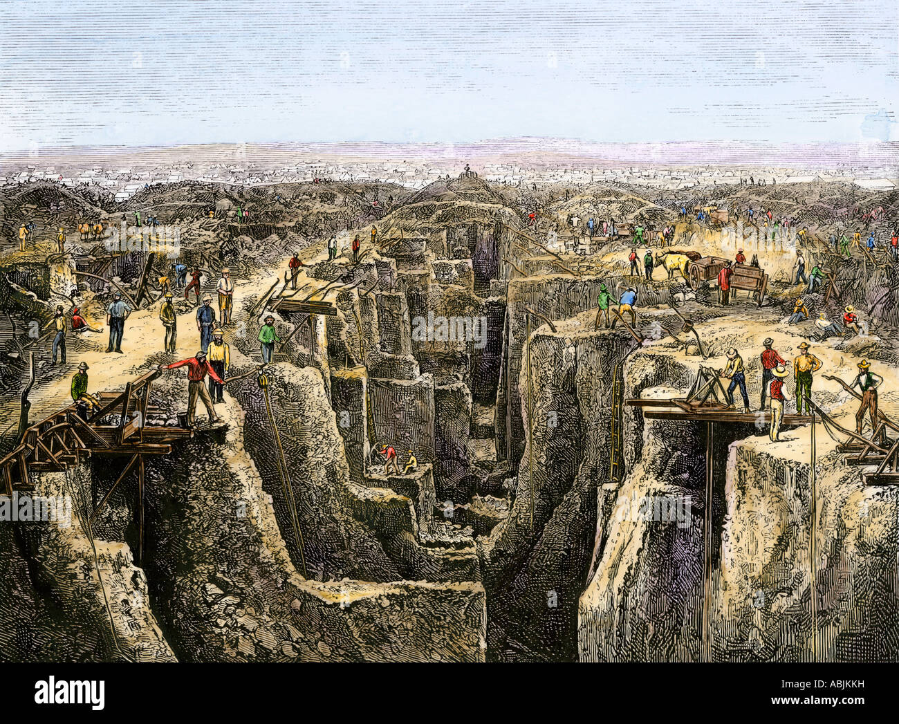 Prospectors working the diamond diggings near Colesberg South Africa 1872. Hand-colored woodcut Stock Photo