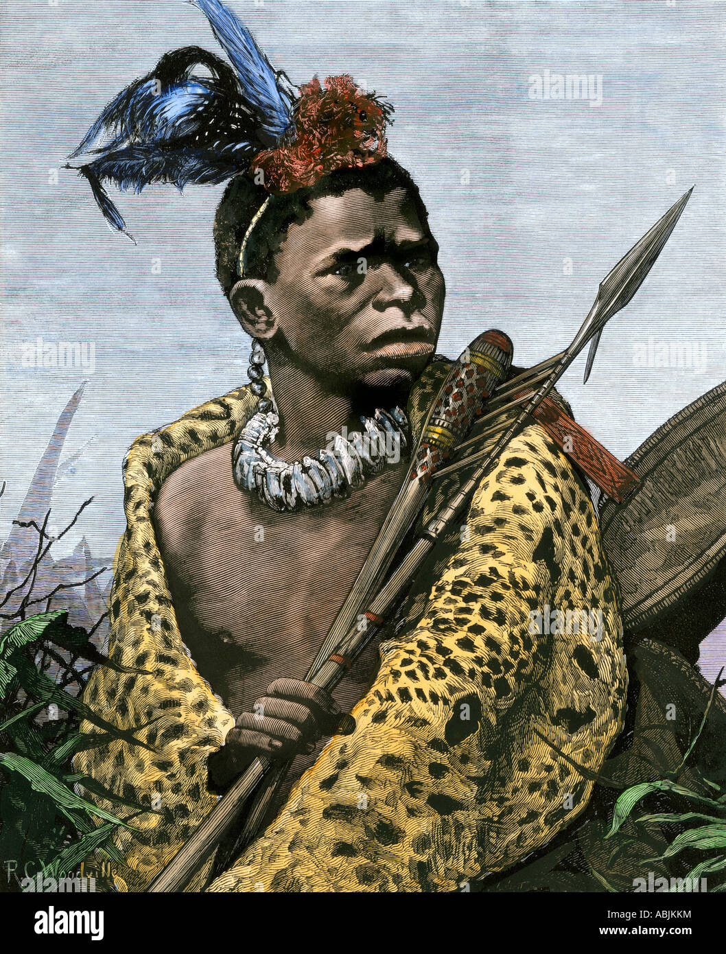 Young Zulu chief in South Africa 1870s. Hand-colored woodcut Stock Photo