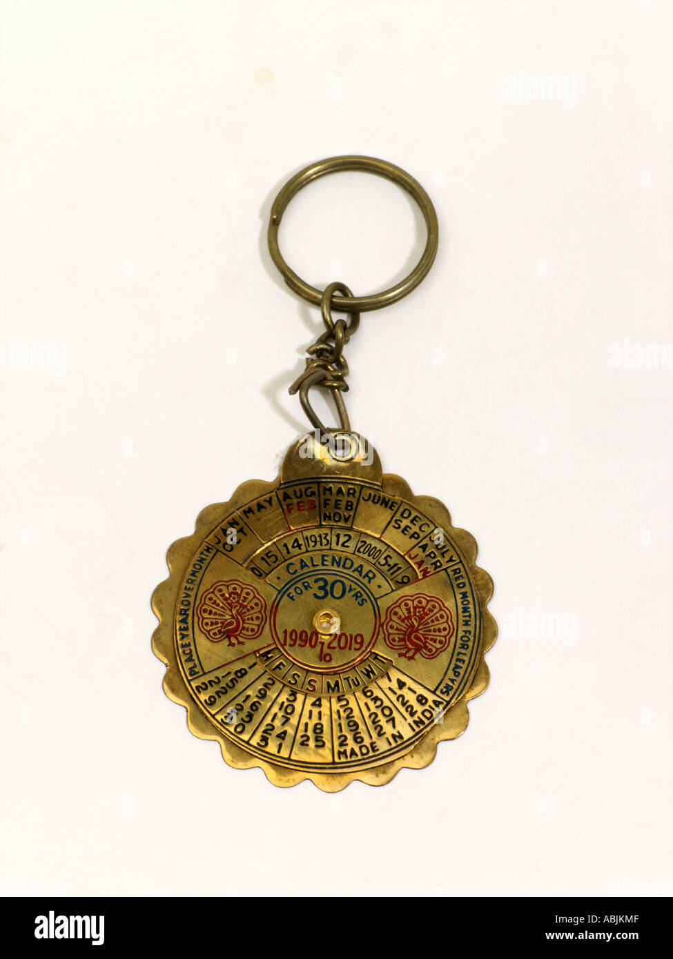 Indian Thirty Year Old Calendar Brass Keyring Stock Photo