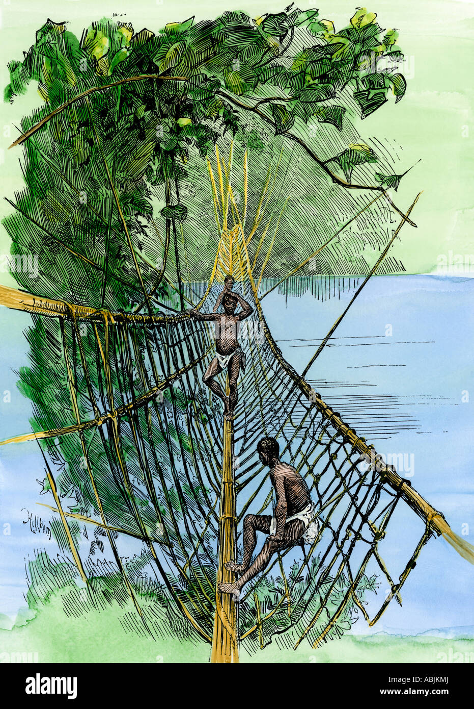 Native suspension bridge in the Congo basin 1800s. Hand-colored woodcut Stock Photo