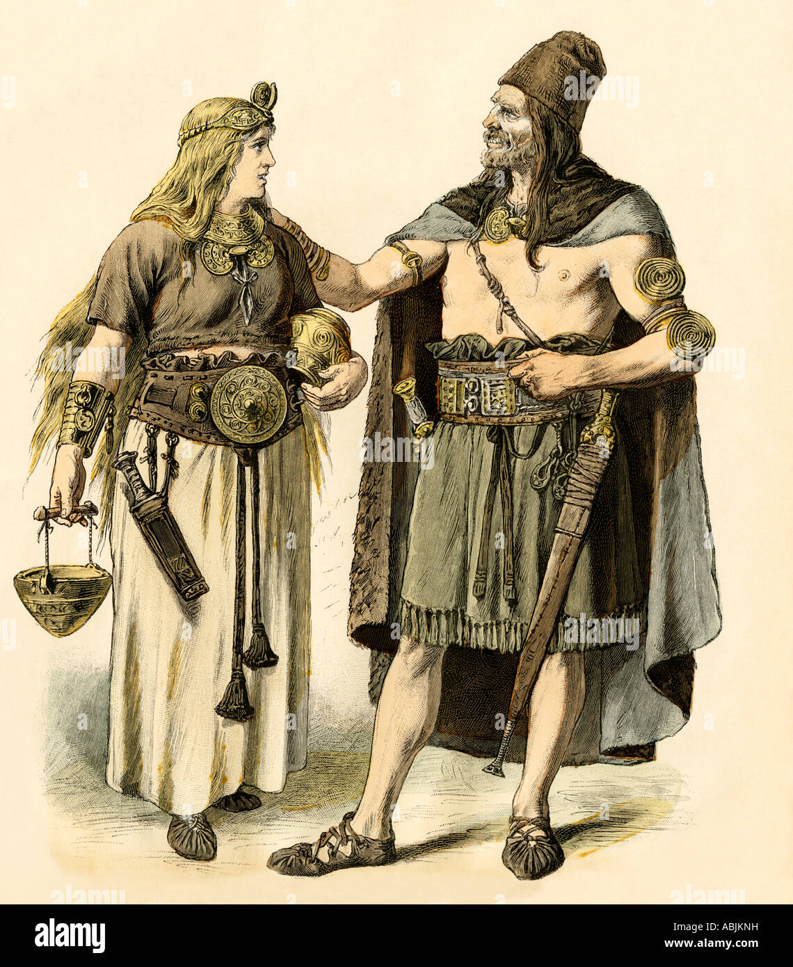 Europeans of the Bronze Age. Hand-colored print Stock Photo