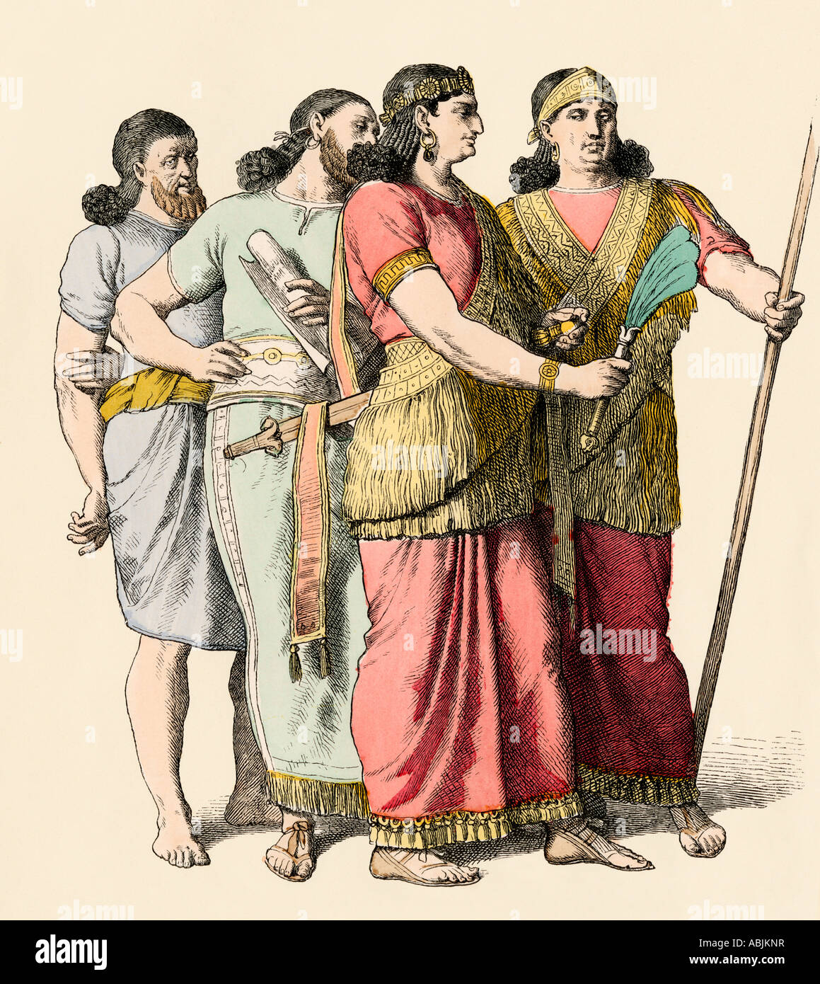 Assyrian leaders and their scribe. Hand-colored print Stock Photo