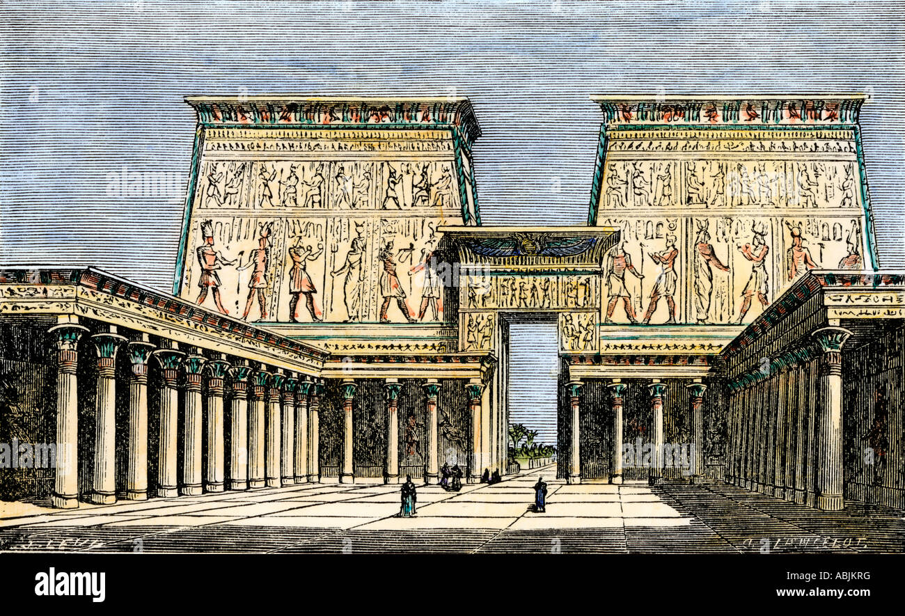 Great Temple of Karnak at Thebes in ancient Egypt restored view. Hand-colored woodcut Stock Photo
