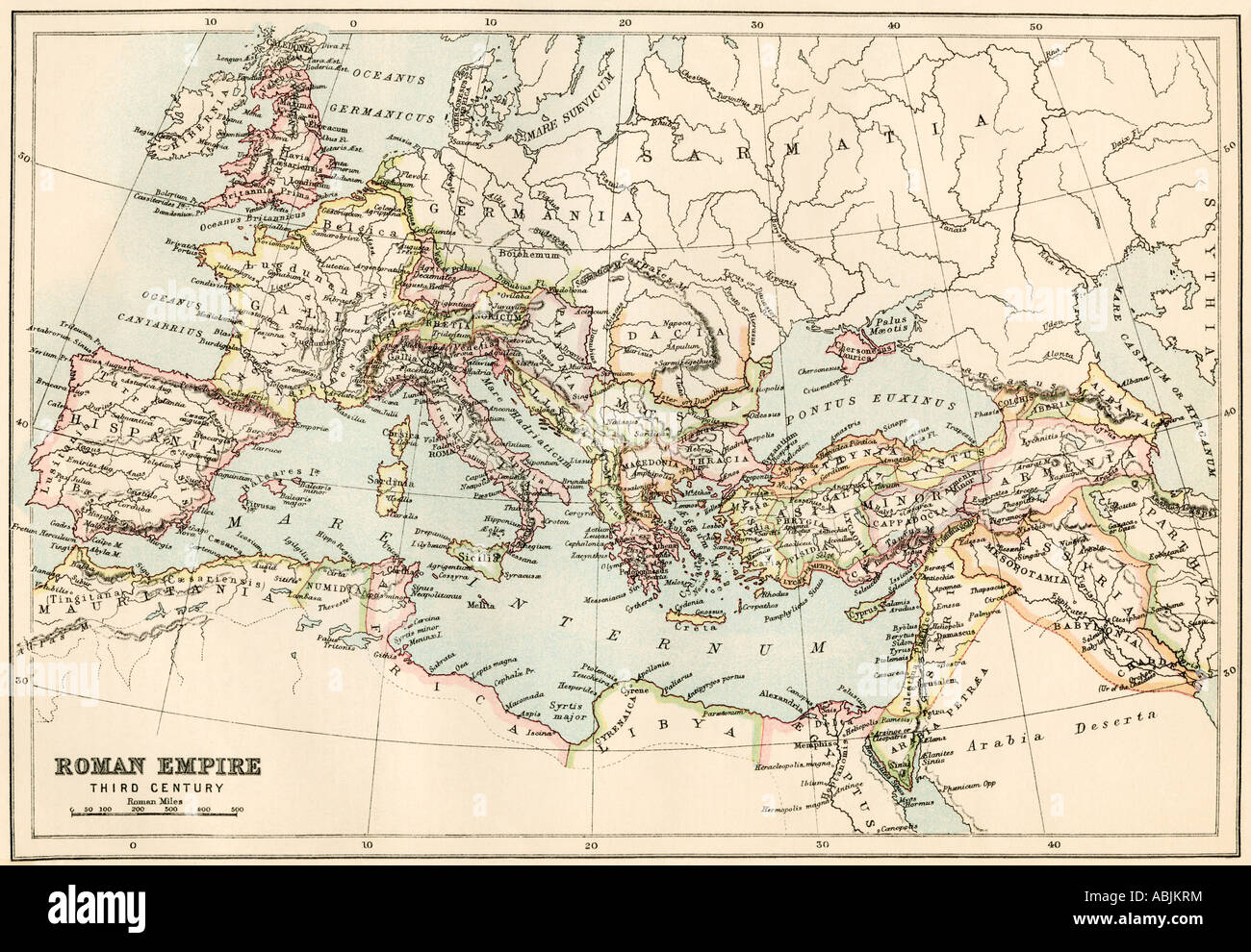 Map of the Roman Empire in the third century AD. Color lithograph Stock Photo