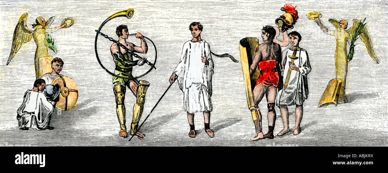 Roman gladiators from a wall painting in ancient Pompeii. Hand-colored woodcut Stock Photo