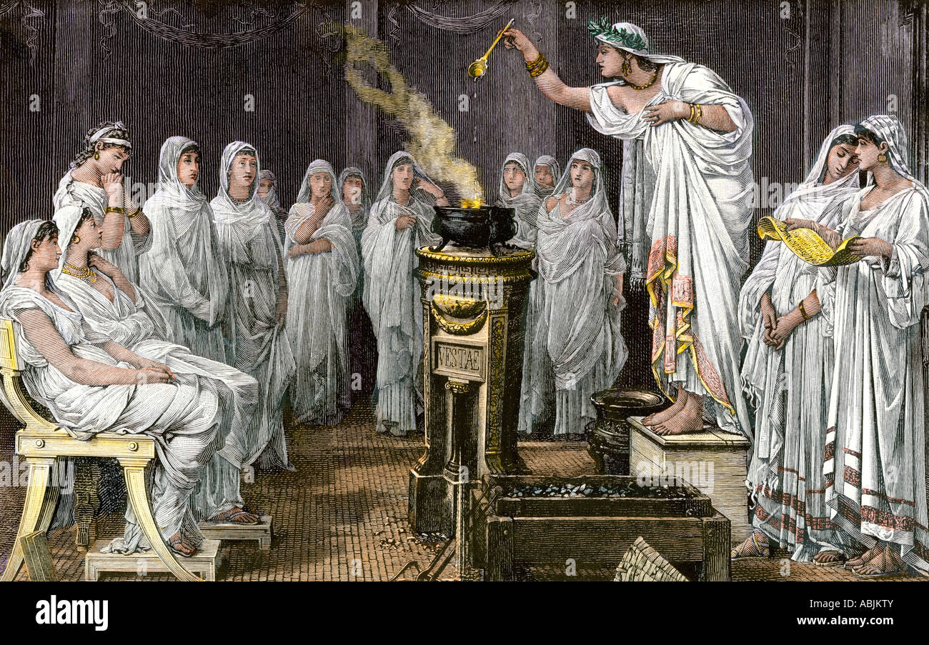 School of the Vestal Virgins in ancient Rome. Hand-colored woodcut Stock Photo